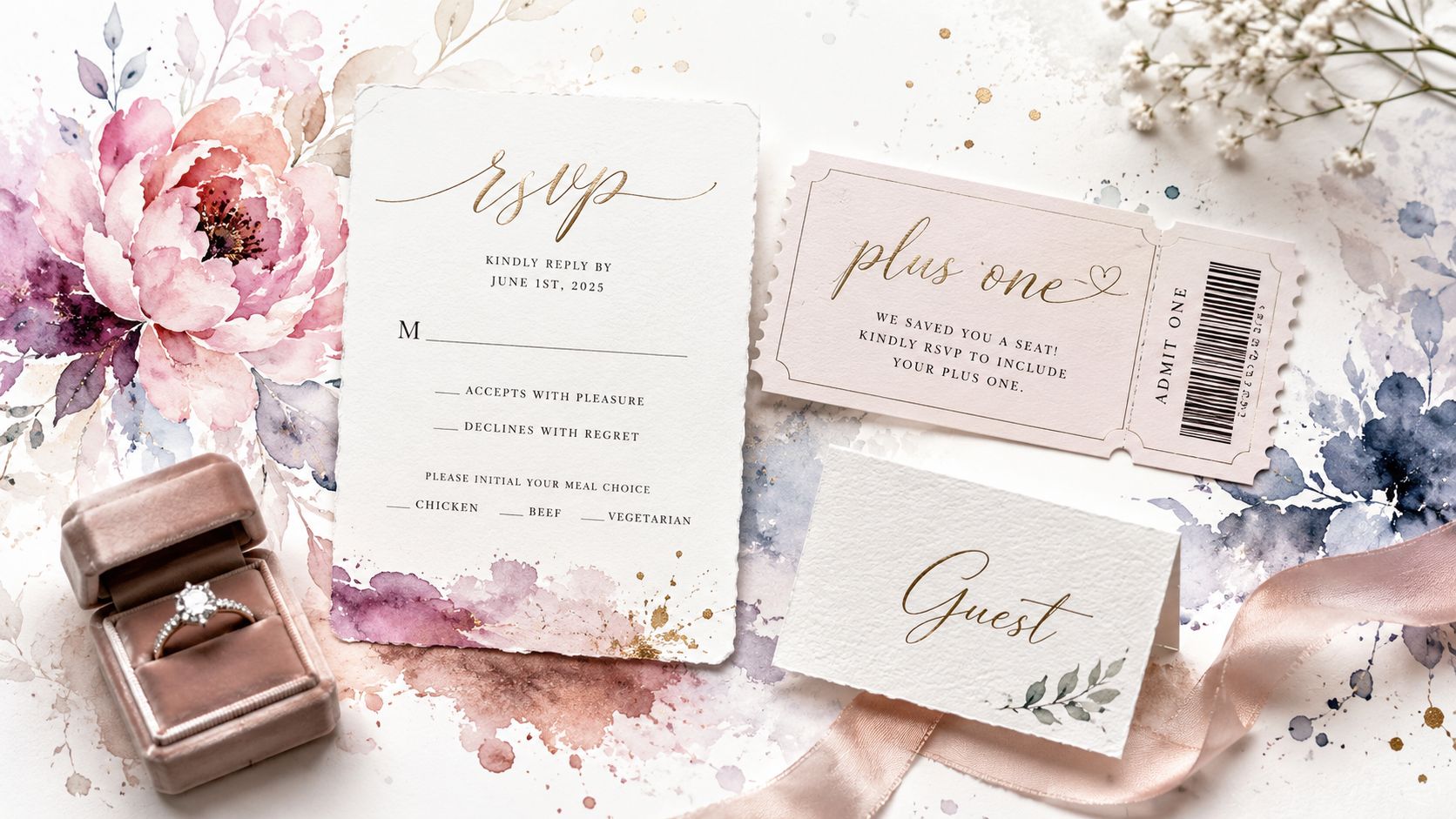 A wedding invitation set including an RSVP card, a plus one ticket, and a place card next to an engagement ring.