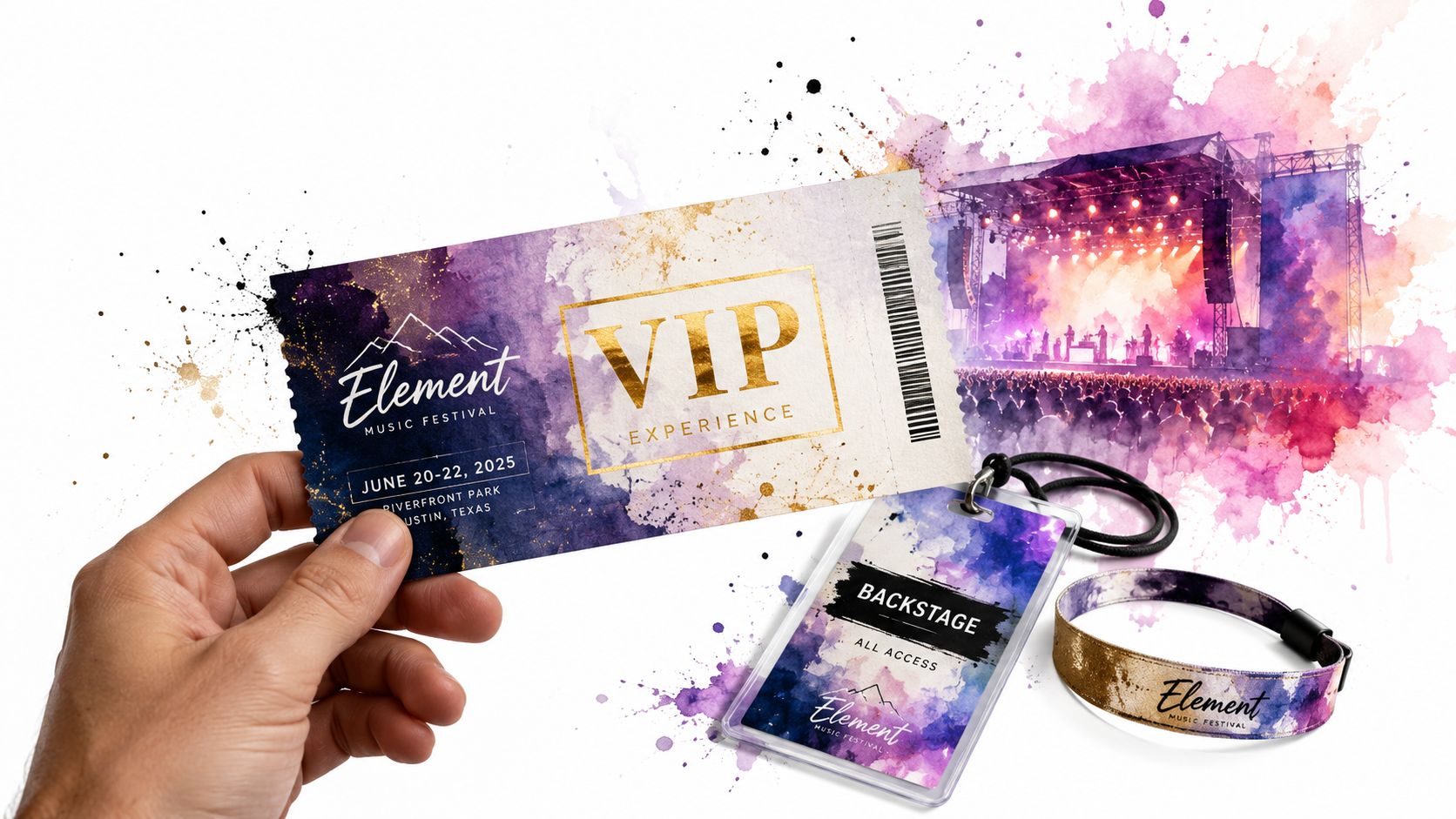 A hand holds a VIP ticket for the Element Music Festival with a backstage pass and wristband.