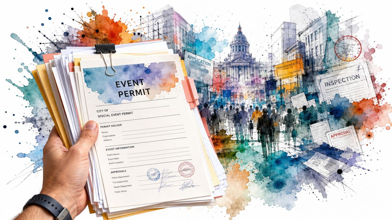 A person holding a stack of event permit application papers against a watercolor city background.