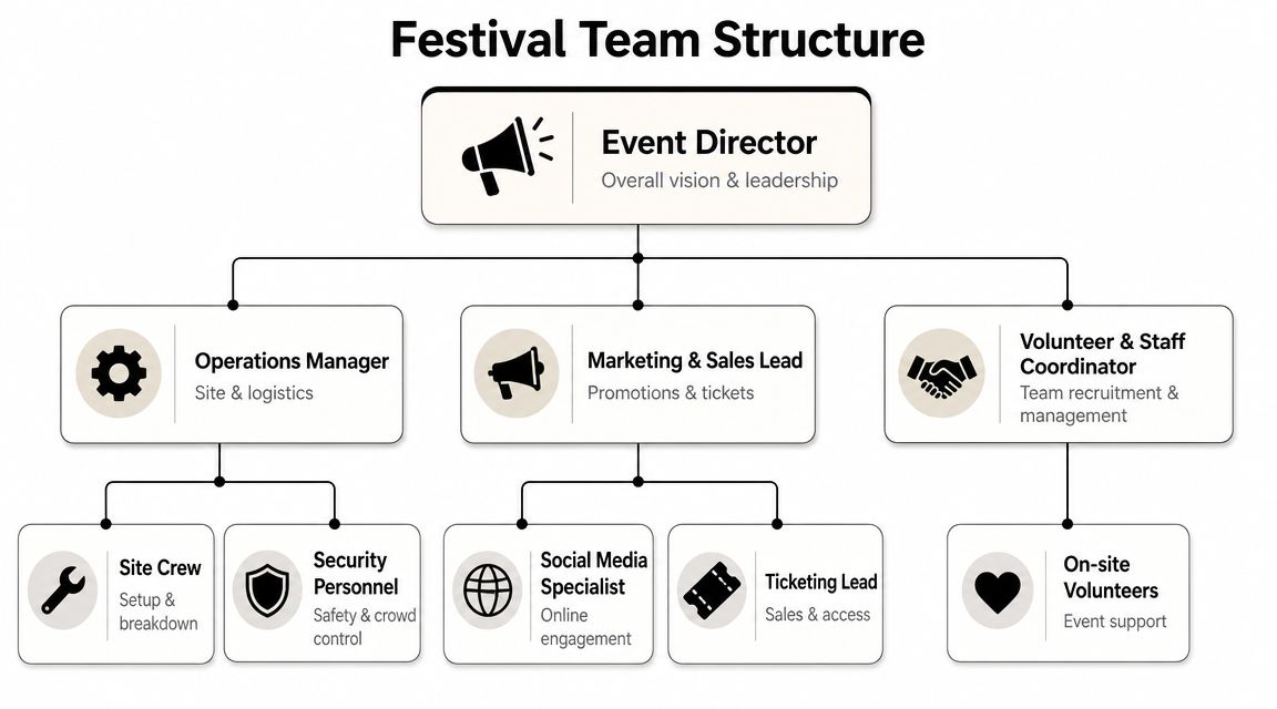 An organizational chart showing the hierarchy and roles within a festival management team structure.