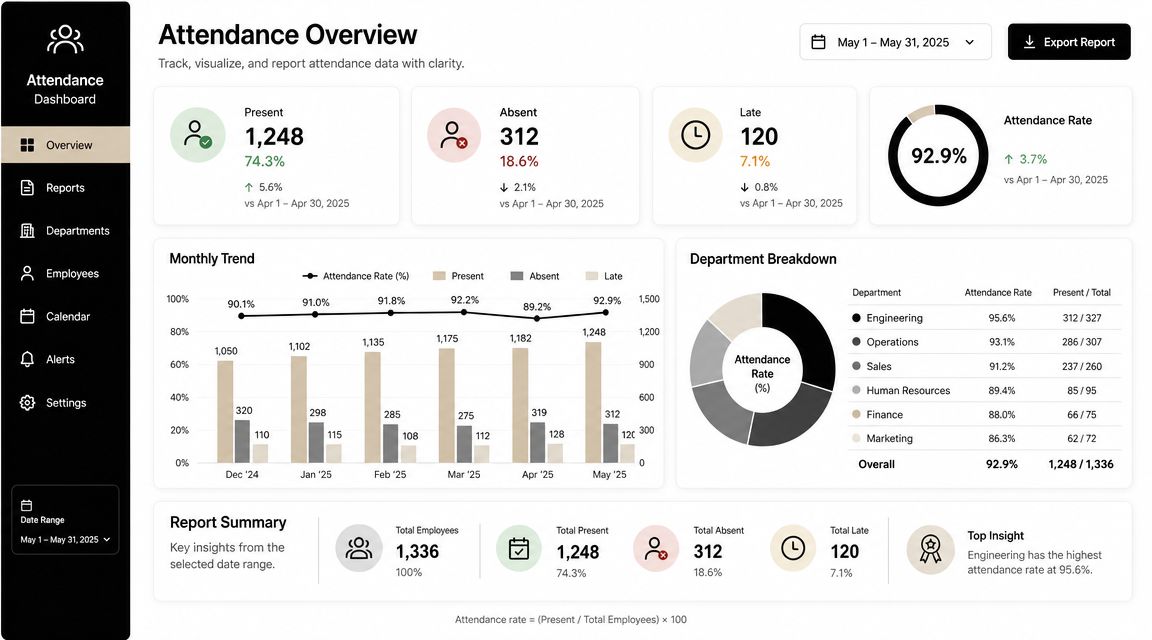 A digital dashboard displaying attendance statistics including present, absent, and late counts, trends, and department breakdowns.