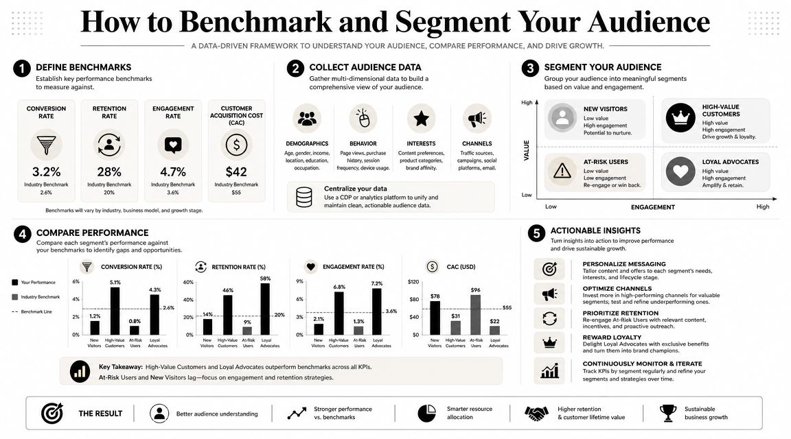An infographic titled How to Benchmark and Segment Your Audience illustrating a five-step data-driven business growth strategy.