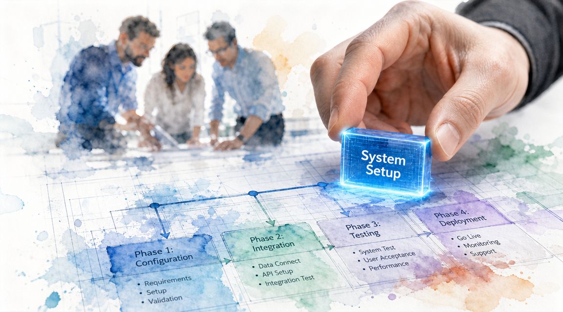 A hand placing a glowing System Setup block onto a business project workflow diagram in a meeting.