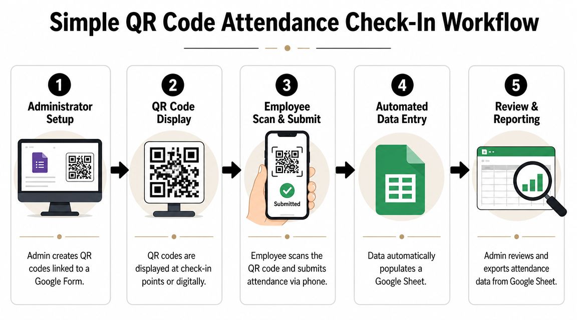 A five-step infographic illustrating a simple QR code attendance check-in workflow for employees.