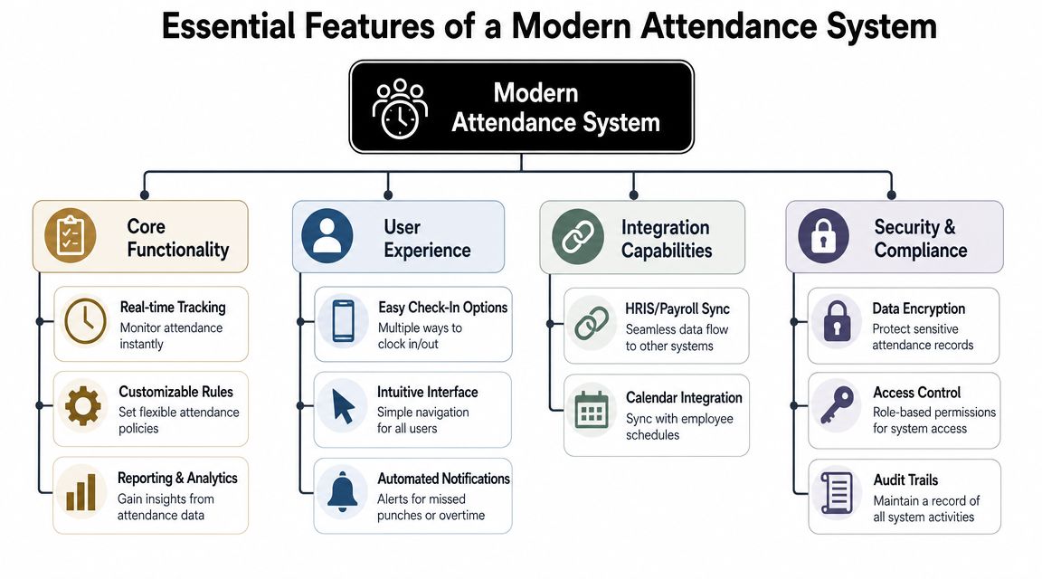 An organizational chart showing essential features of a modern attendance system including core functionality, user experience, integration, and security.