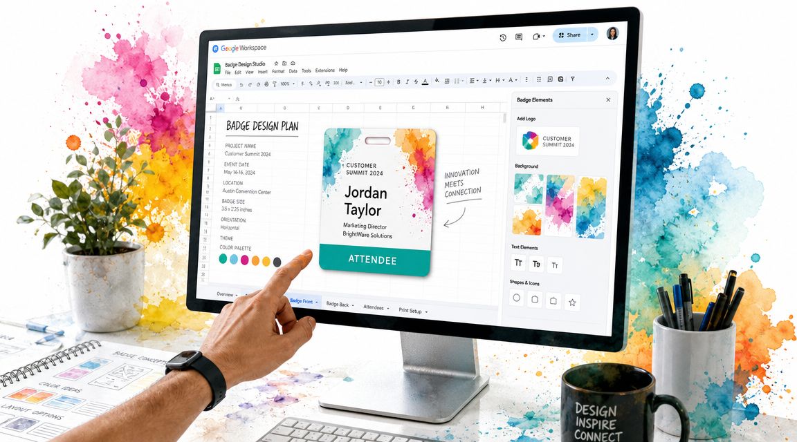 A person using software on a computer to design a creative badge for a corporate event.
