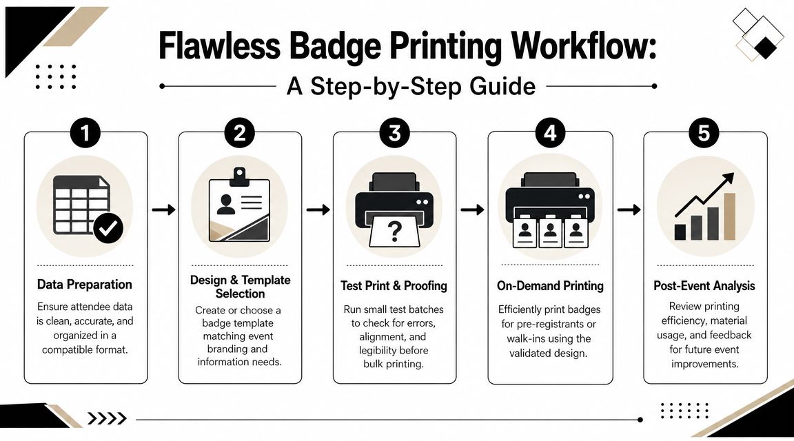 A five-step infographic illustrating a streamlined workflow for professional event badge printing and management.