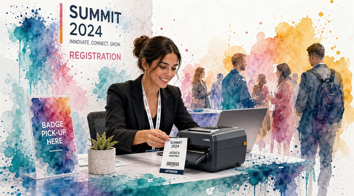 A professional woman printing a name badge at a Summit 2024 registration desk.