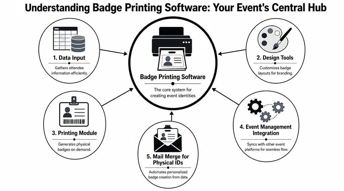 A diagram illustrating how badge printing software serves as the central hub for event attendee management processes.