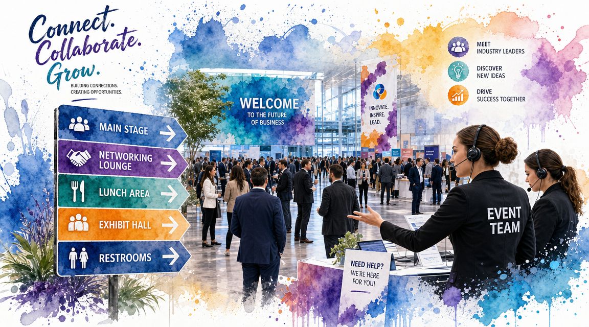 Professionals networking at a large business conference with informational signs and helpful event team staff members.