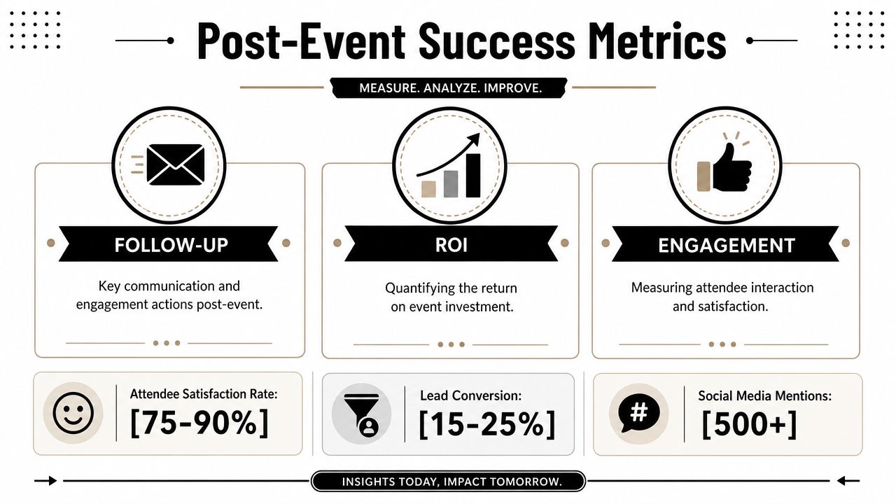 An infographic titled Post-Event Success Metrics showing key evaluation criteria including follow-up, ROI, and attendee engagement data.