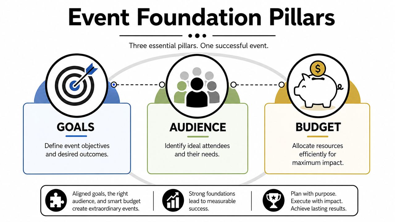 An infographic titled Event Foundation Pillars outlining three key elements for success: goals, audience, and budget.