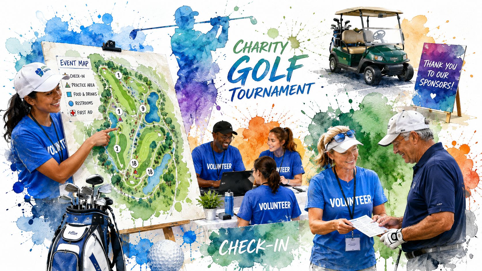 A vibrant watercolor illustration showing volunteers preparing for a charity golf tournament with a course map.