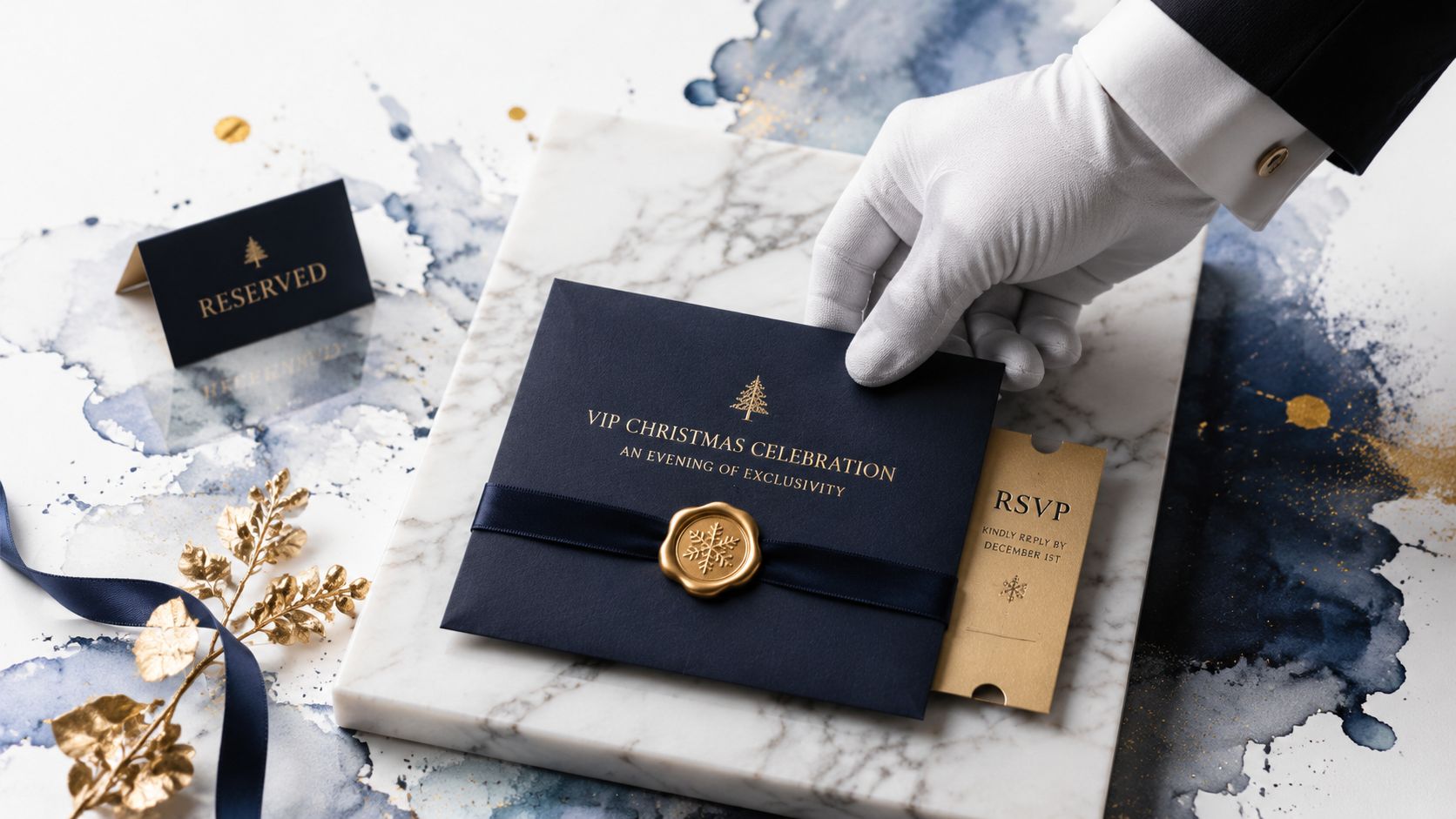A gloved hand placing a navy blue VIP Christmas invitation with a gold wax seal on marble.