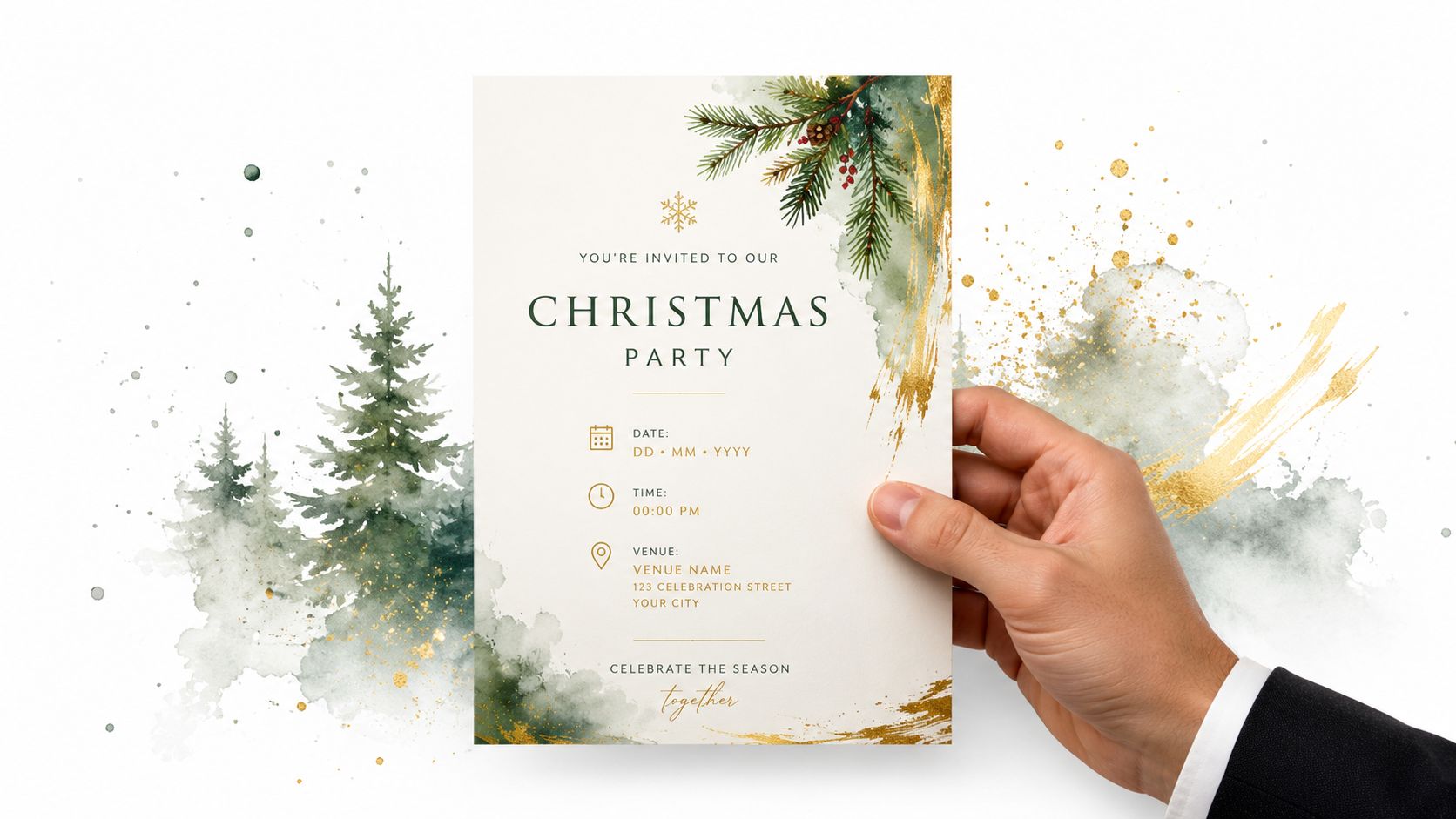 A hand holding a elegant Christmas party invitation card with watercolor pine tree and gold foil details.