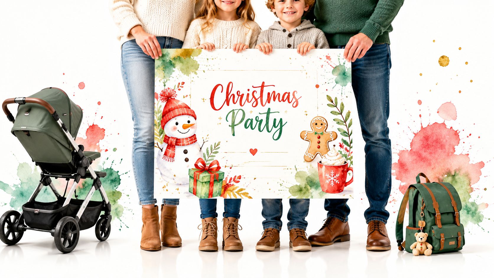 A happy family holding a sign that says Christmas Party, featuring watercolor illustrations of a snowman and decorations.