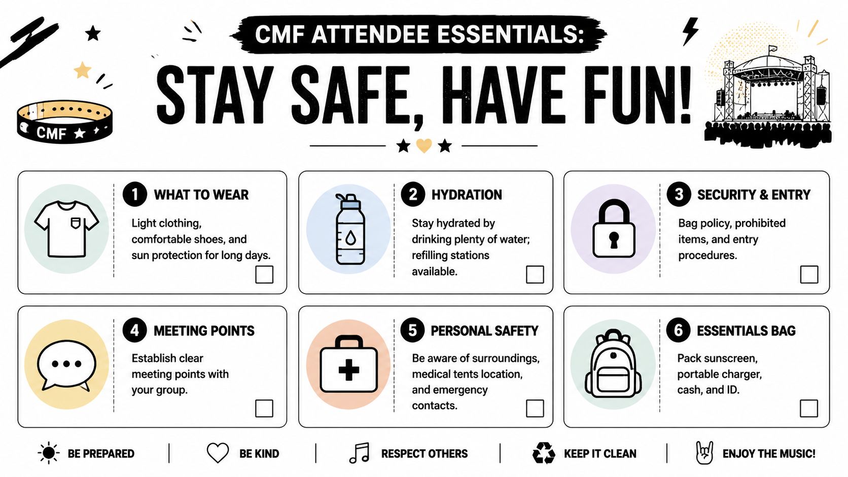 An infographic titled CMF Attendee Essentials offering six safety and comfort tips for music festival guests.