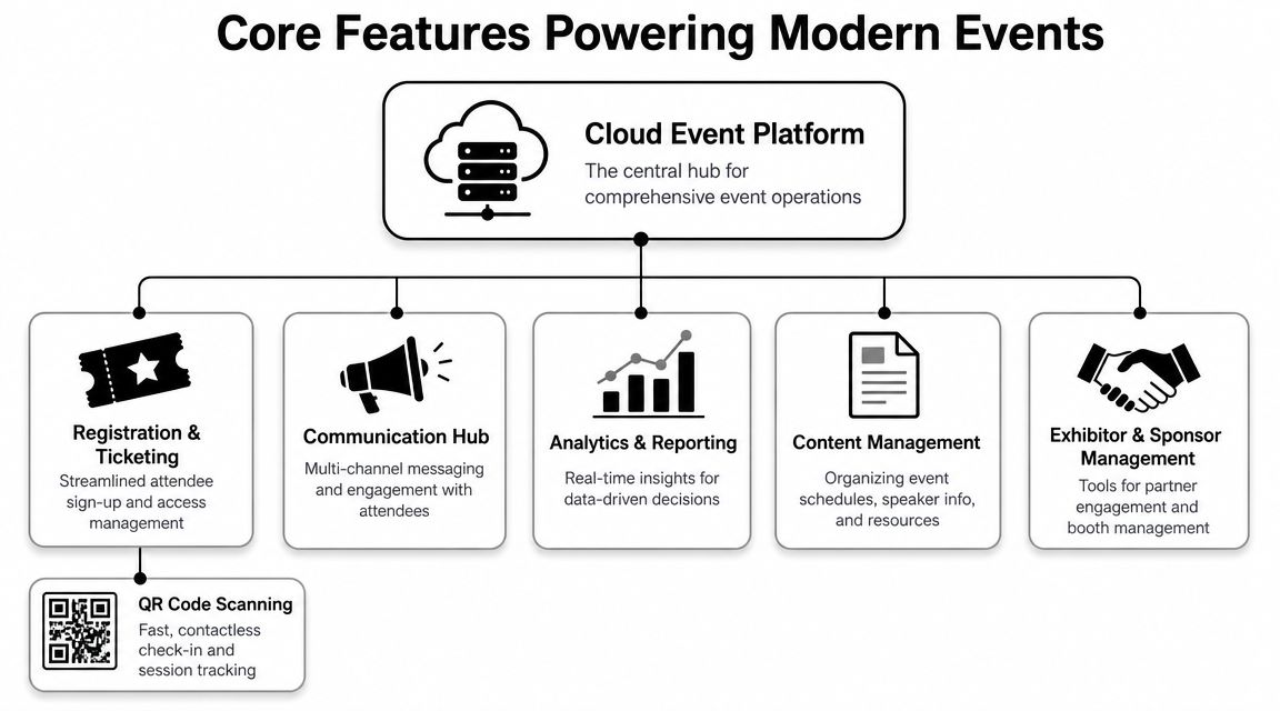A diagram illustrating the core features powering a modern cloud event management platform for event operations.