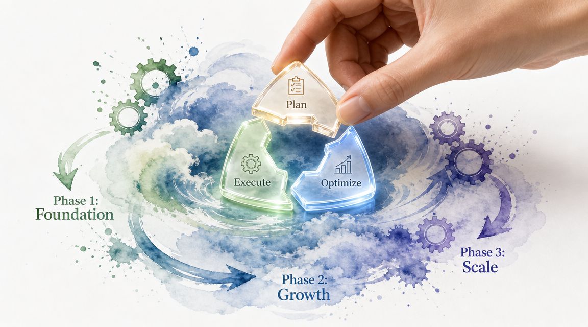 A hand placing a puzzle piece labeled Plan into a business cycle of Execution and Optimization.