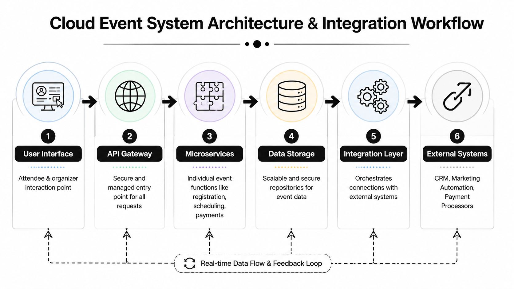A diagram illustrating a cloud event system architecture and integration workflow with six distinct stages.