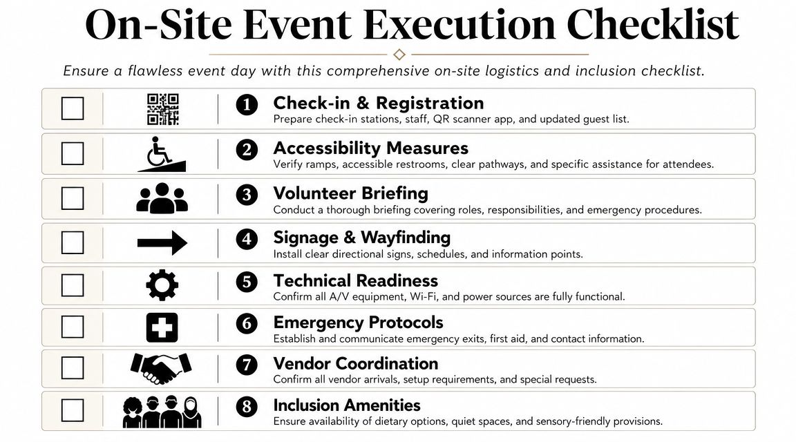 An on-site event execution checklist featuring eight steps to ensure logistics and inclusion during events.