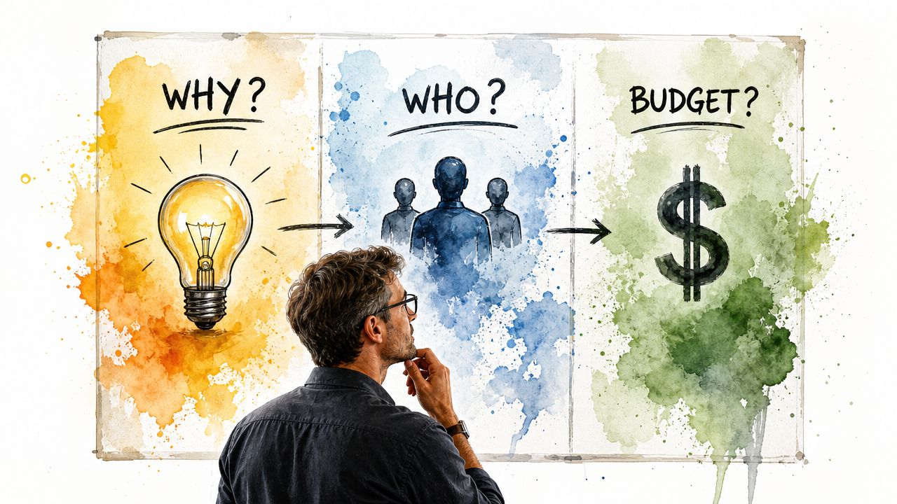 A man looks at a diagram on the wall illustrating the process of why, who, and budget.