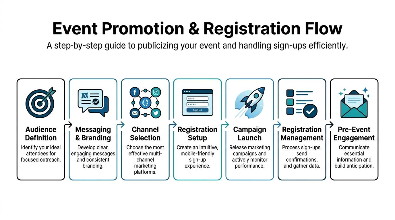 A step-by-step infographic showing the event promotion and registration flow process from audience definition to engagement.