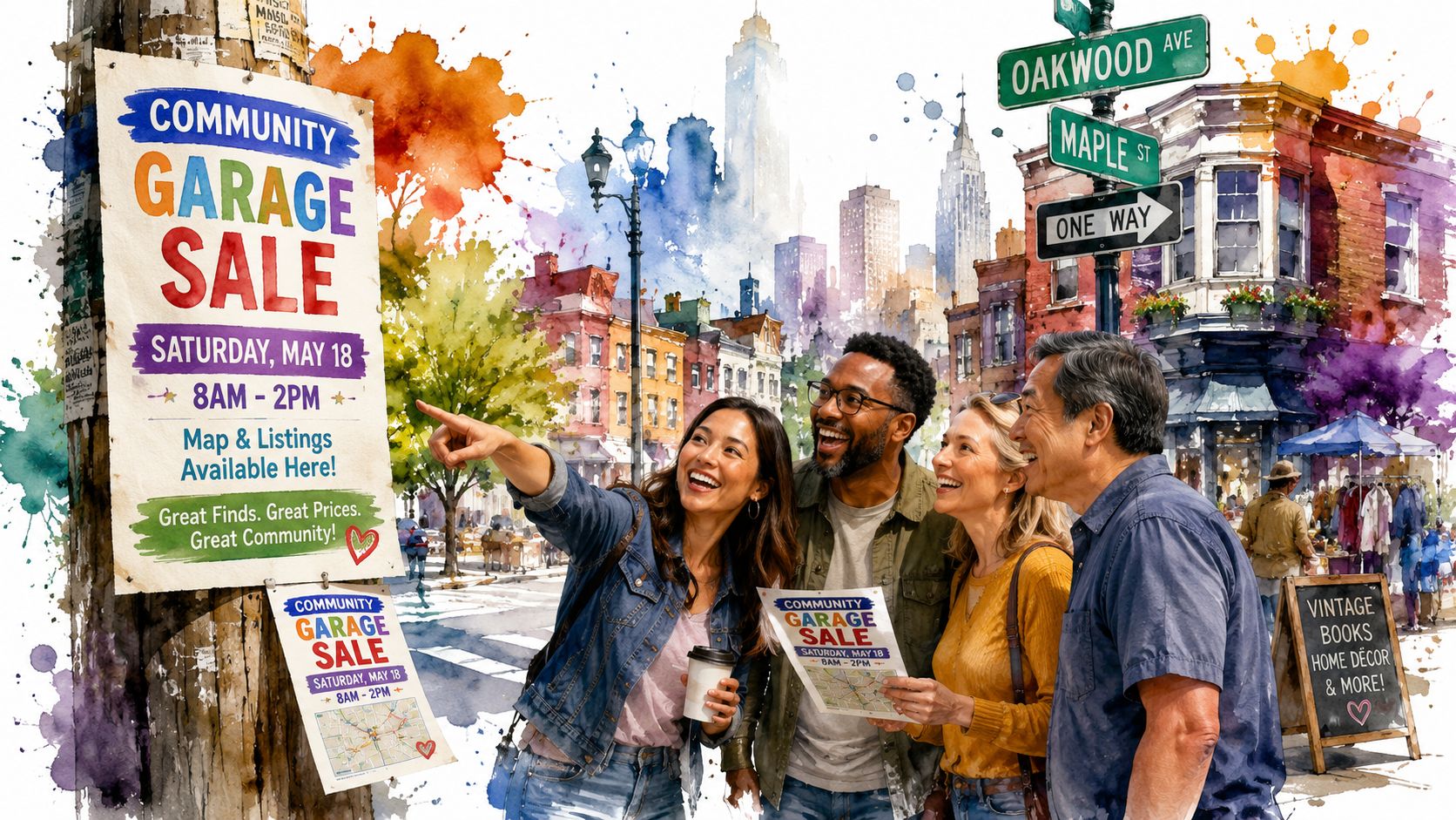 A diverse group of friends smiling while looking at a community garage sale flyer on a pole.