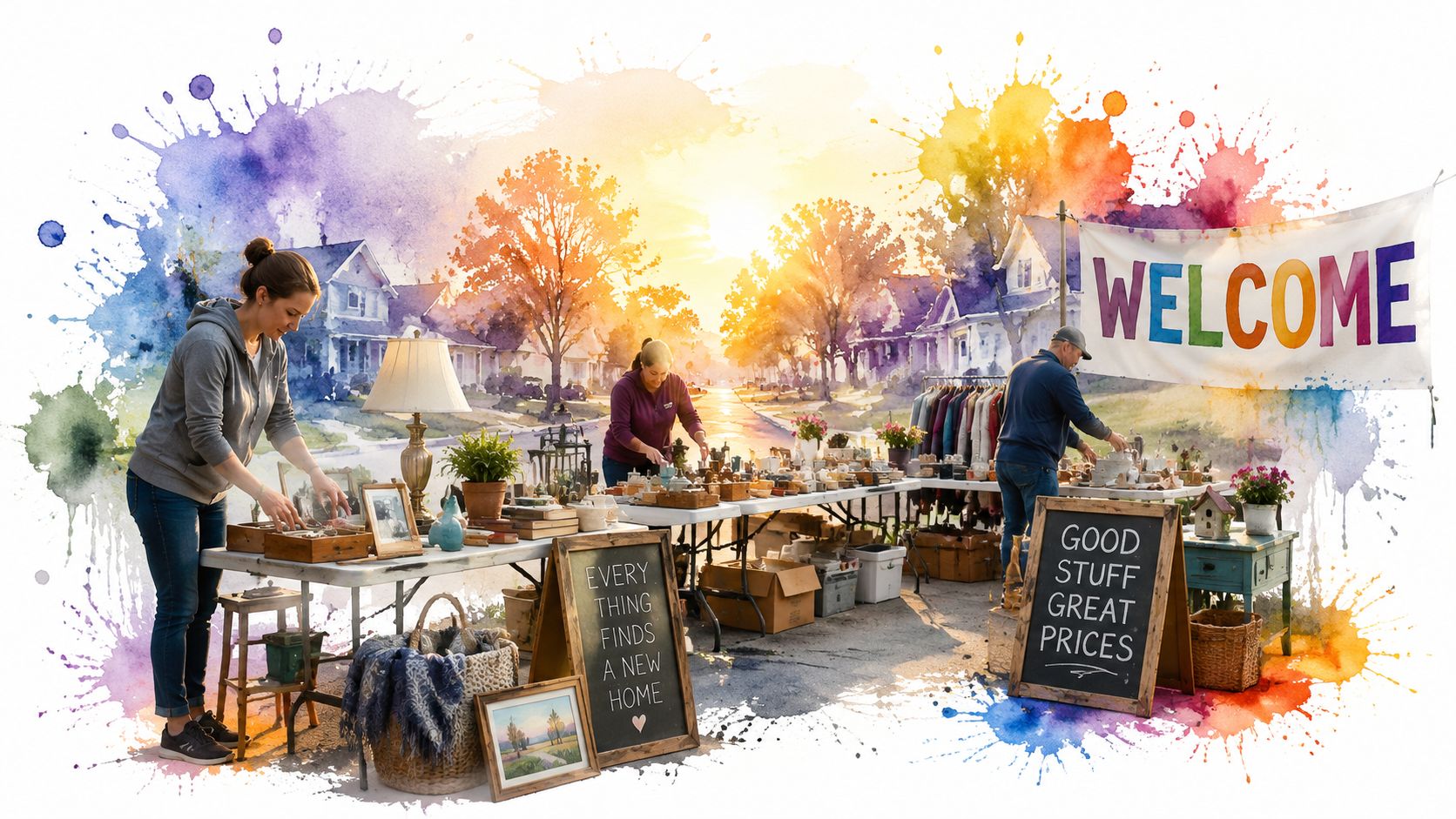 People organizing a cheerful neighborhood community garage sale with tables full of household items and welcome signs.