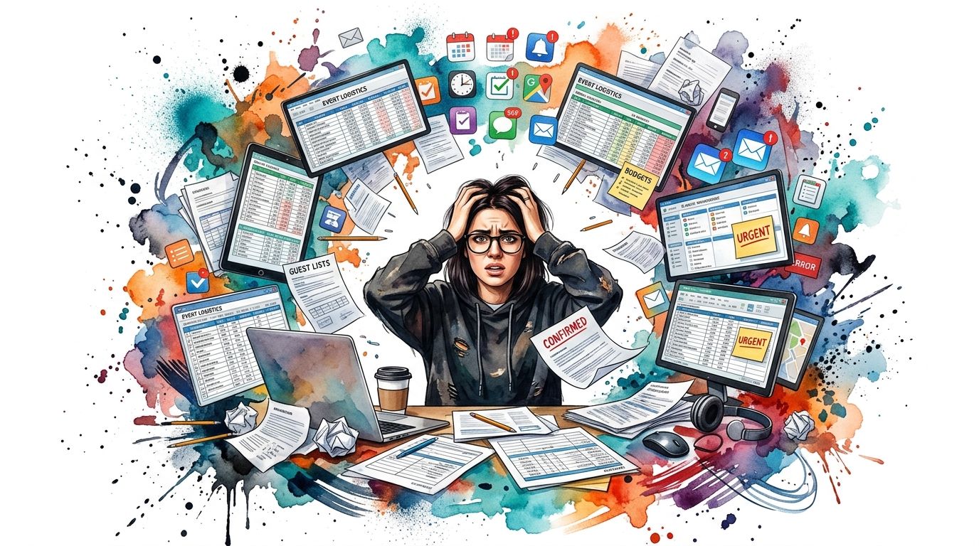 A stressed event planner overwhelmed by excessive data, digital screens, and paperwork at a cluttered workspace.