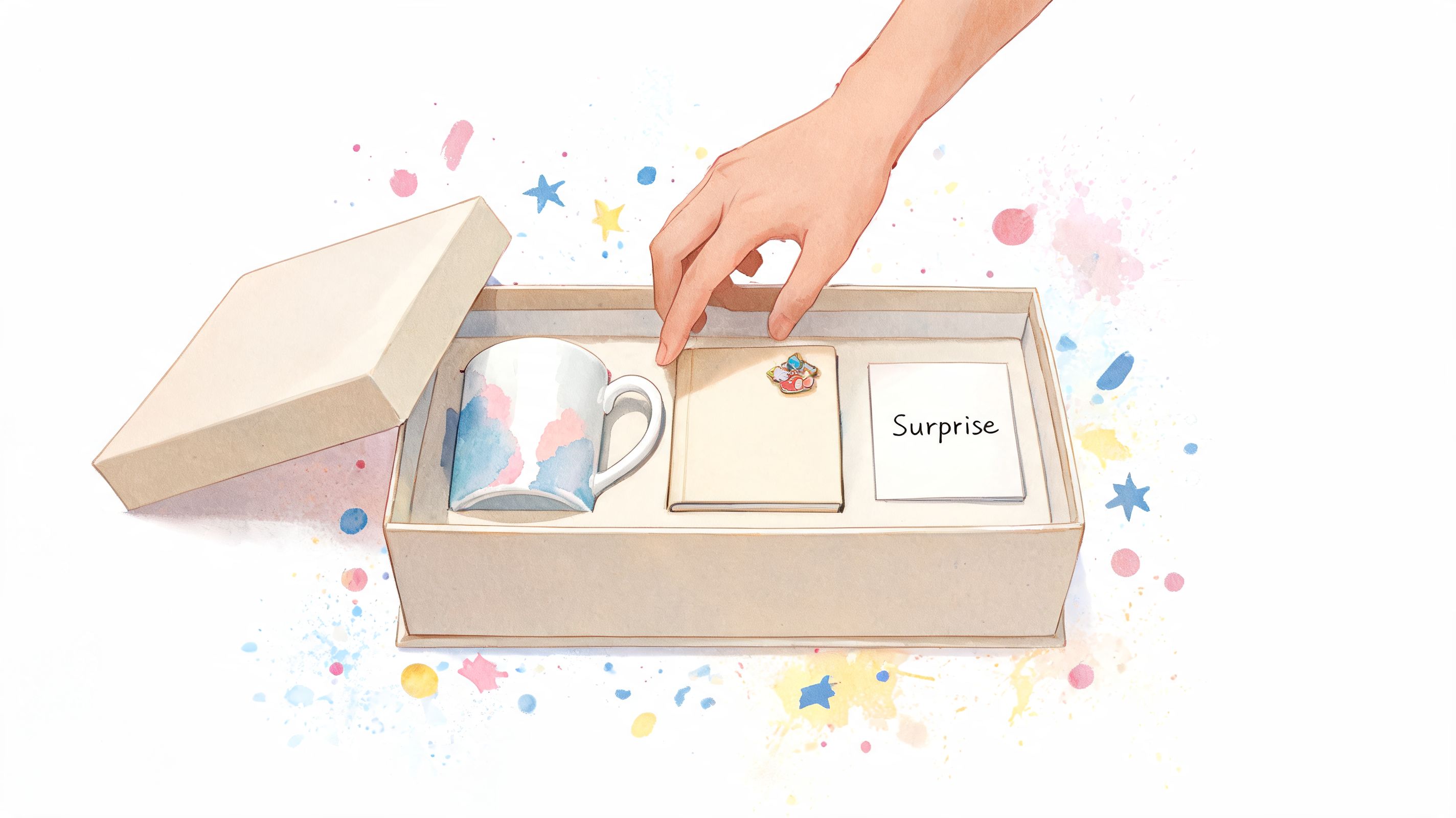 A hand reaching into an open gift box containing a mug, a notebook, and a surprise note.