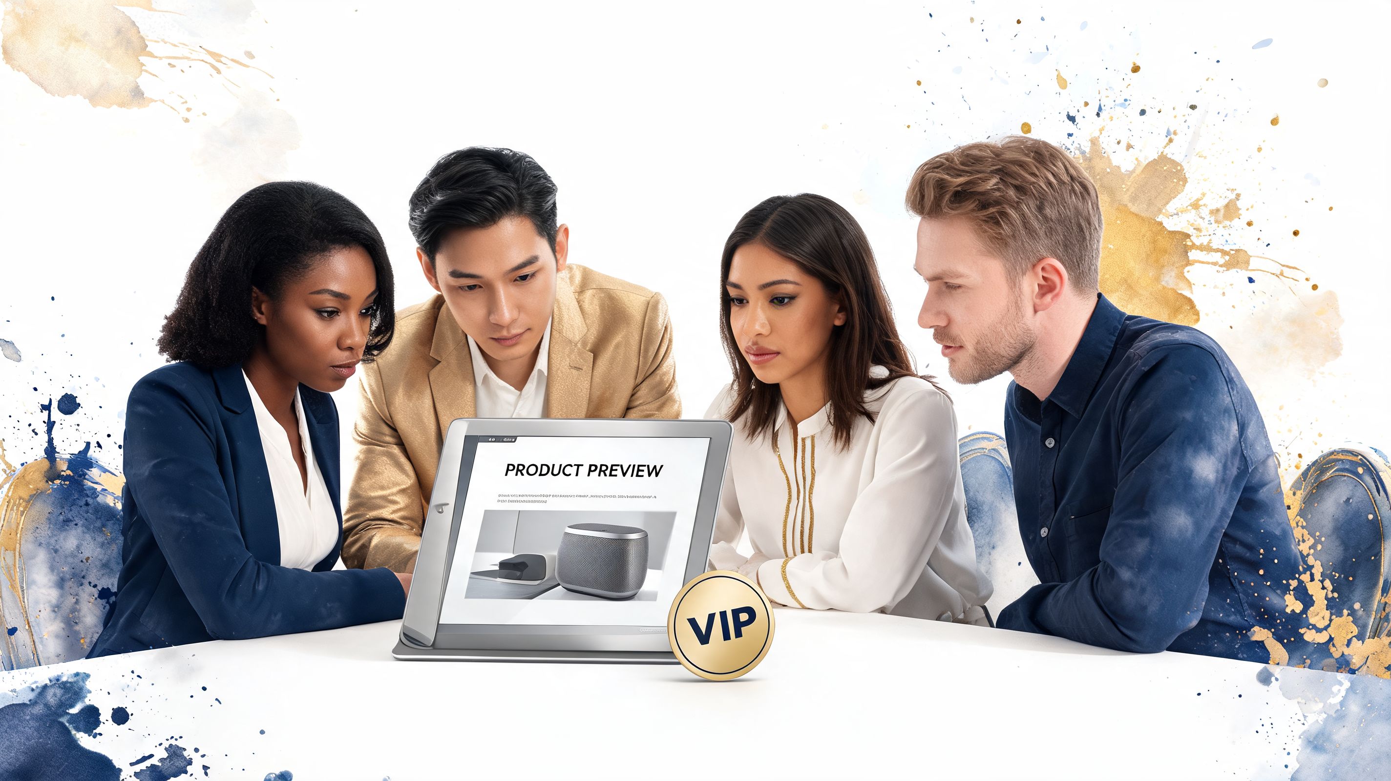 A diverse group of professionals looking at a product preview on a digital tablet at a table.