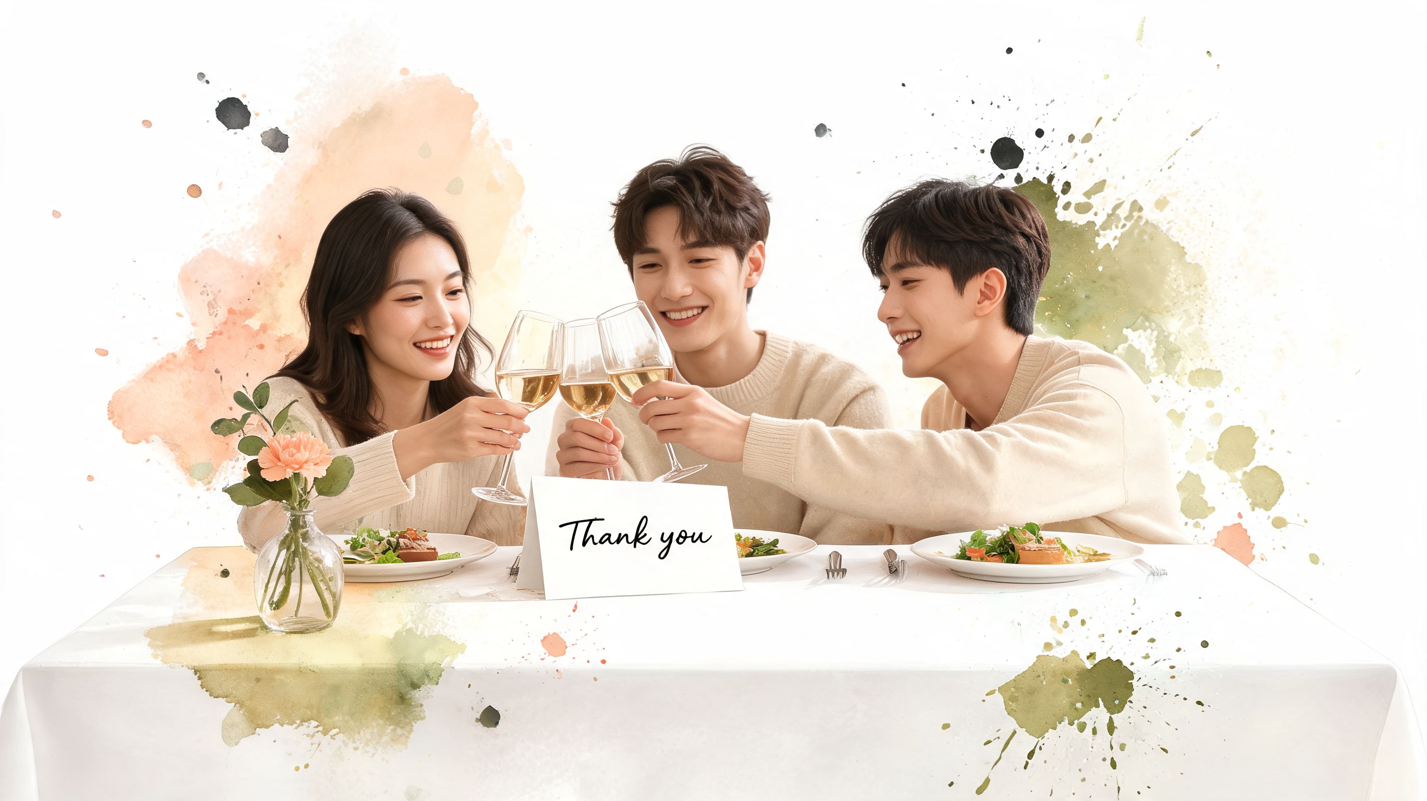 Three smiling young adults toast with wine glasses over a dining table at a customer appreciation event.