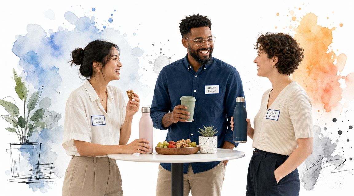 Three professional colleagues smiling while sharing snacks and conversation during an office engagement event together.