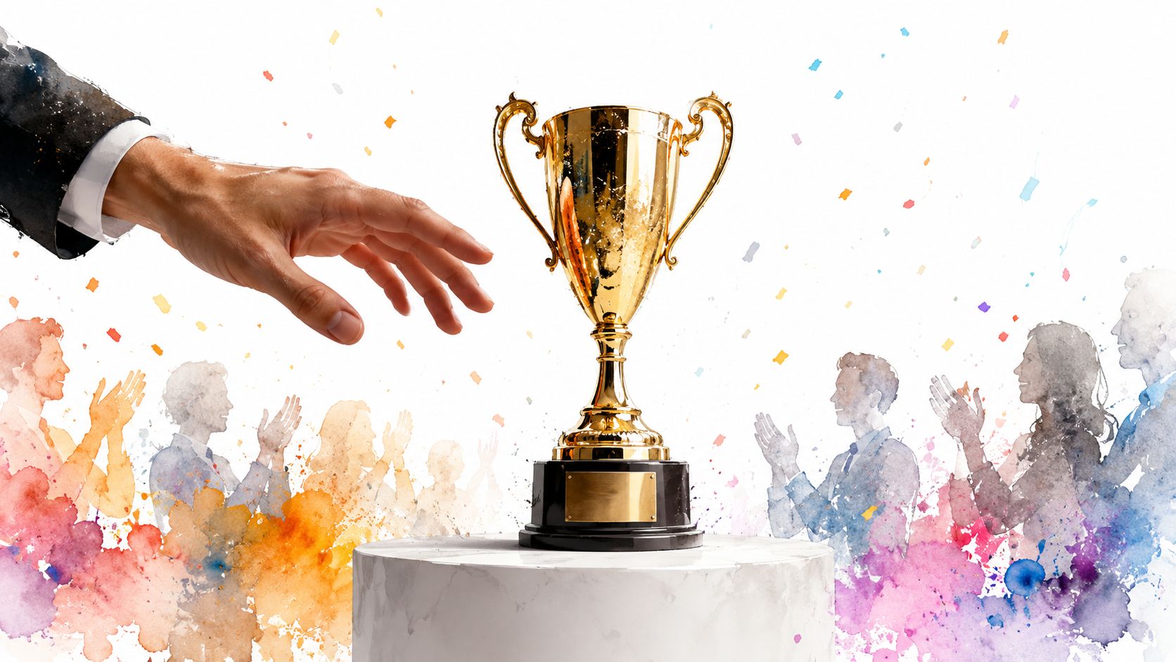 A businessman reaching out to touch a golden trophy on a podium with cheering people in background.