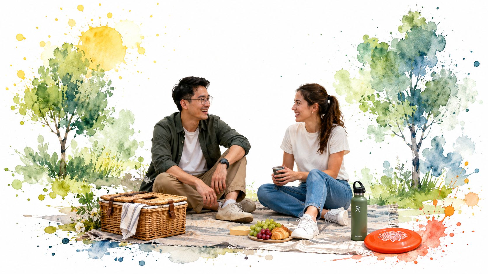 A young couple enjoying a casual picnic in a park with watercolor style trees in the background.