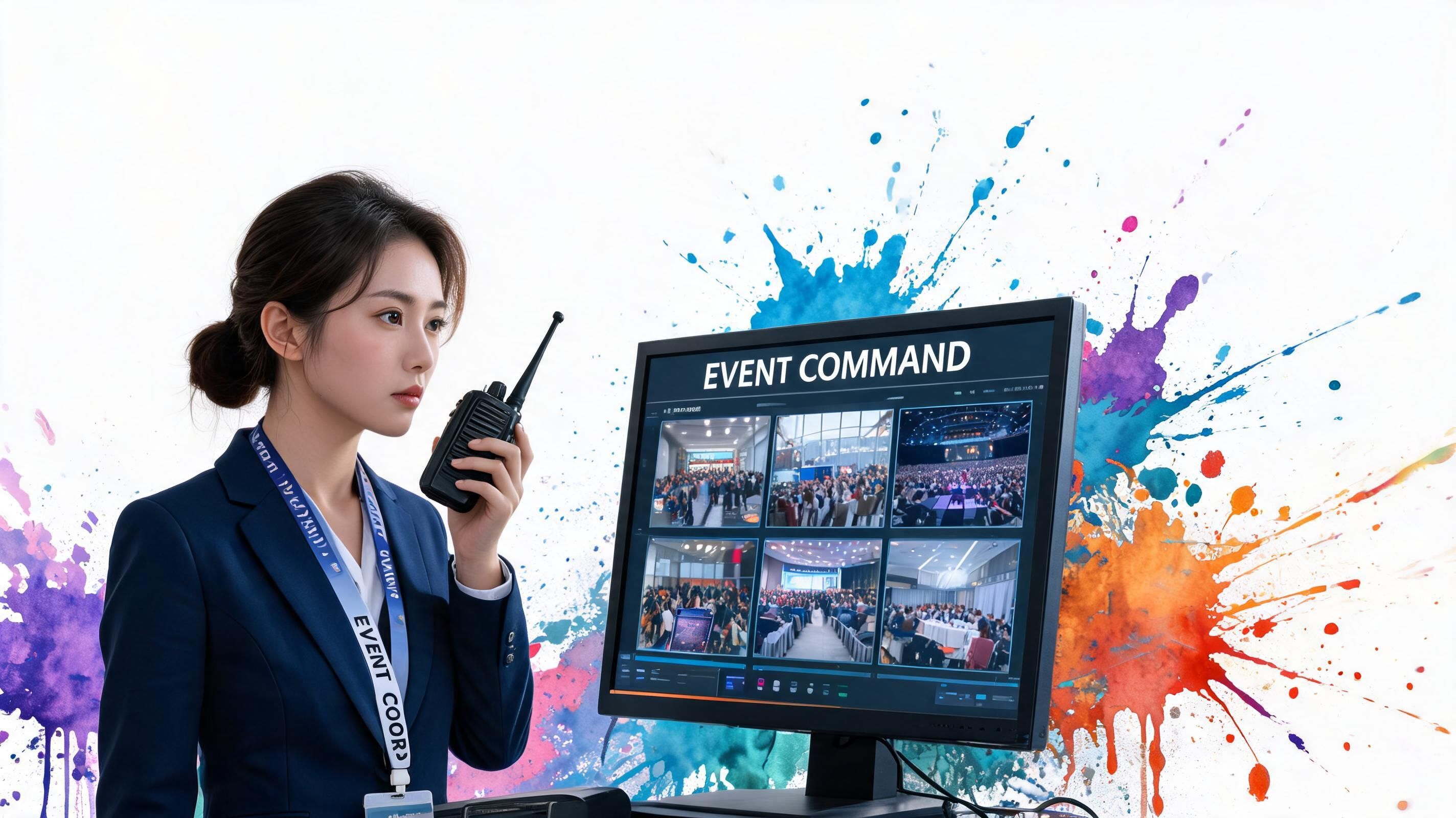 An event coordinator in a professional blazer uses a walkie-talkie while monitoring a screen showing live event footage.