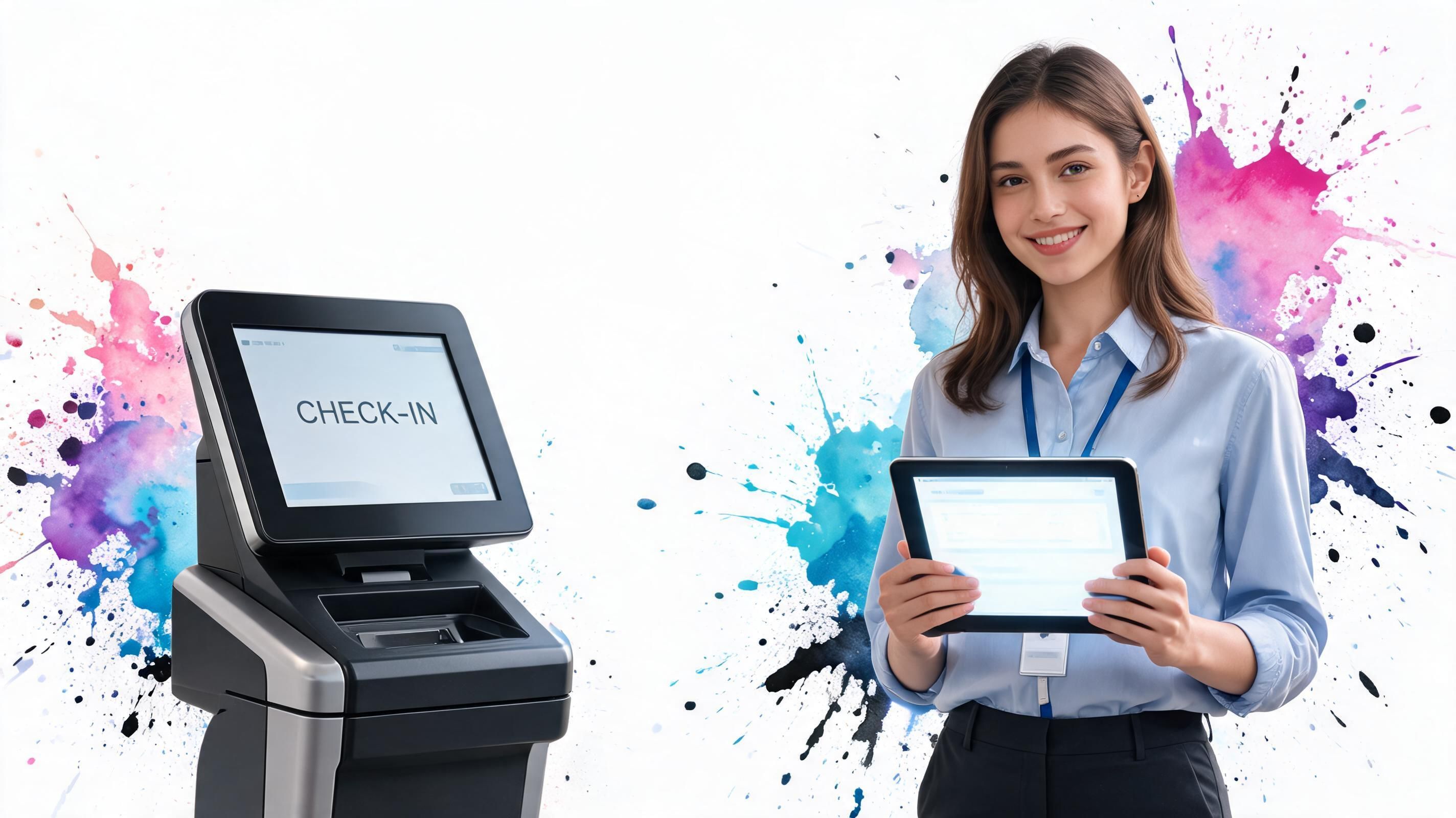 A professional woman holding a tablet standing next to an automated airport or hotel check-in kiosk.