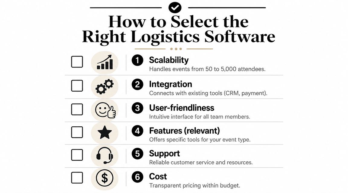 A checklist infographic titled How to Select the Right Logistics Software outlining six key evaluation criteria.