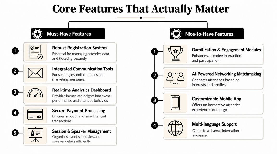 An infographic titled Core Features That Actually Matter comparing must-have and nice-to-have features for event management.