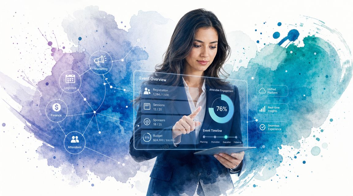 A professional woman interacting with a digital event management interface displaying real-time data analytics and planning.
