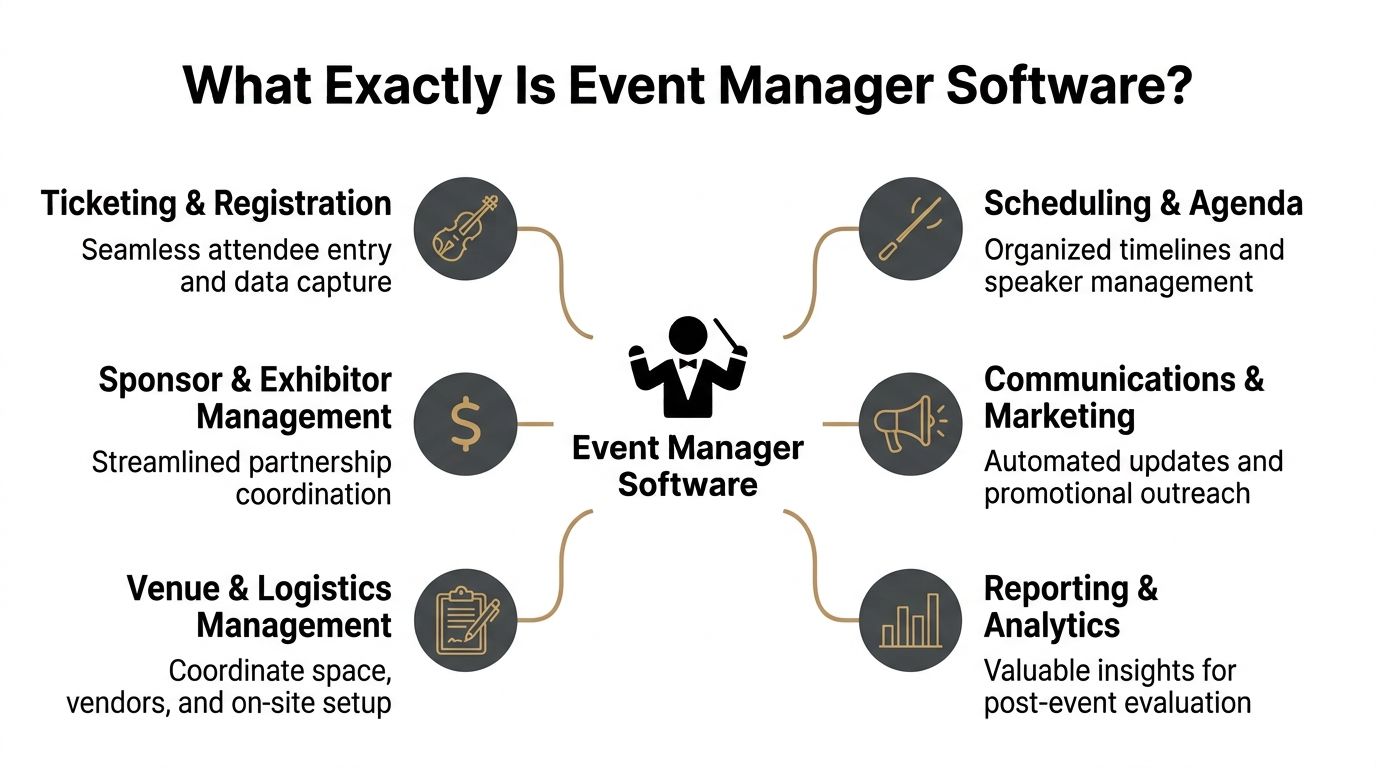 A diagram illustrating the key features of event manager software, including registration, scheduling, and analytics.