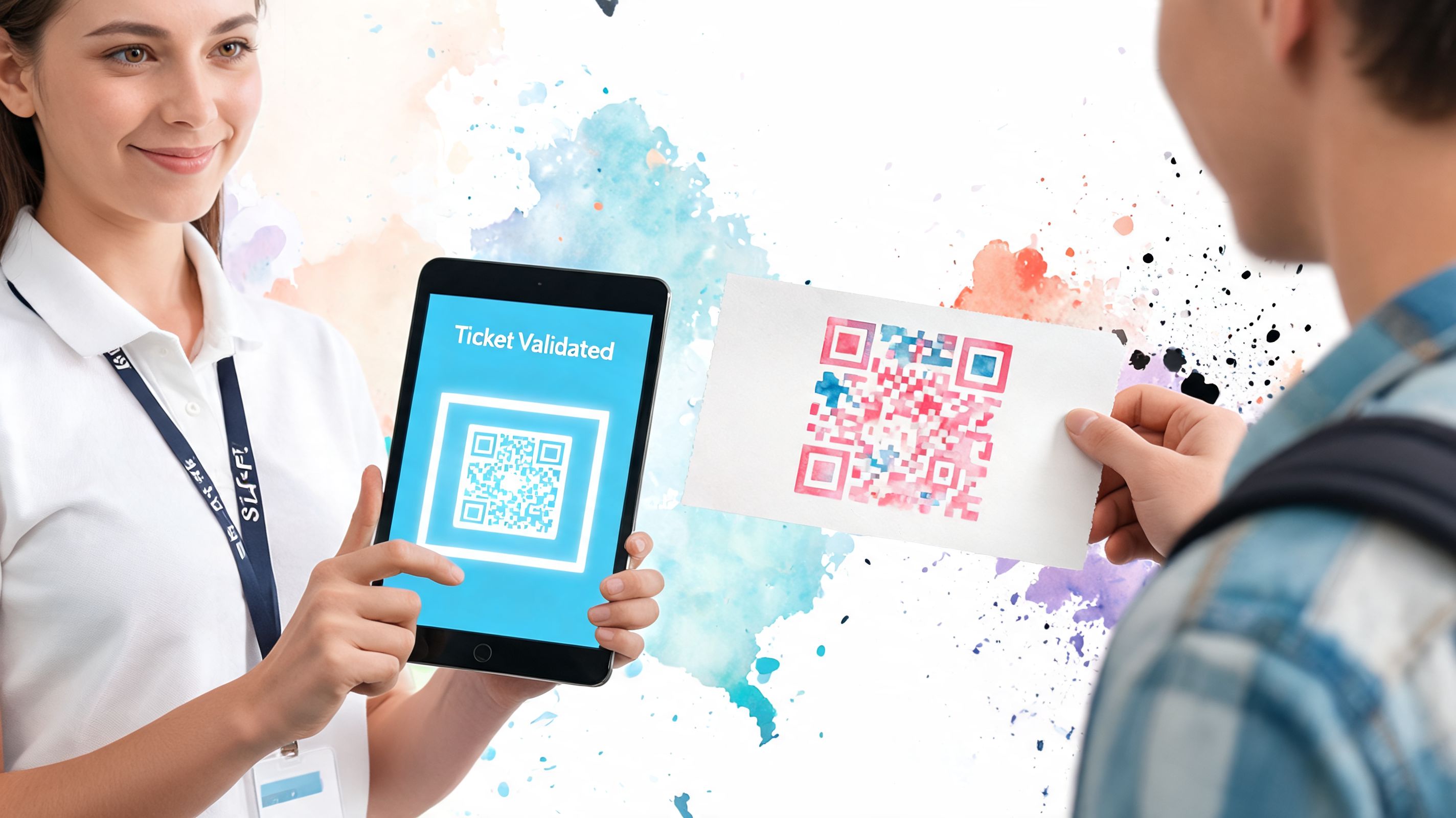 A staff member validating a ticket by scanning a QR code from a customer using a tablet.