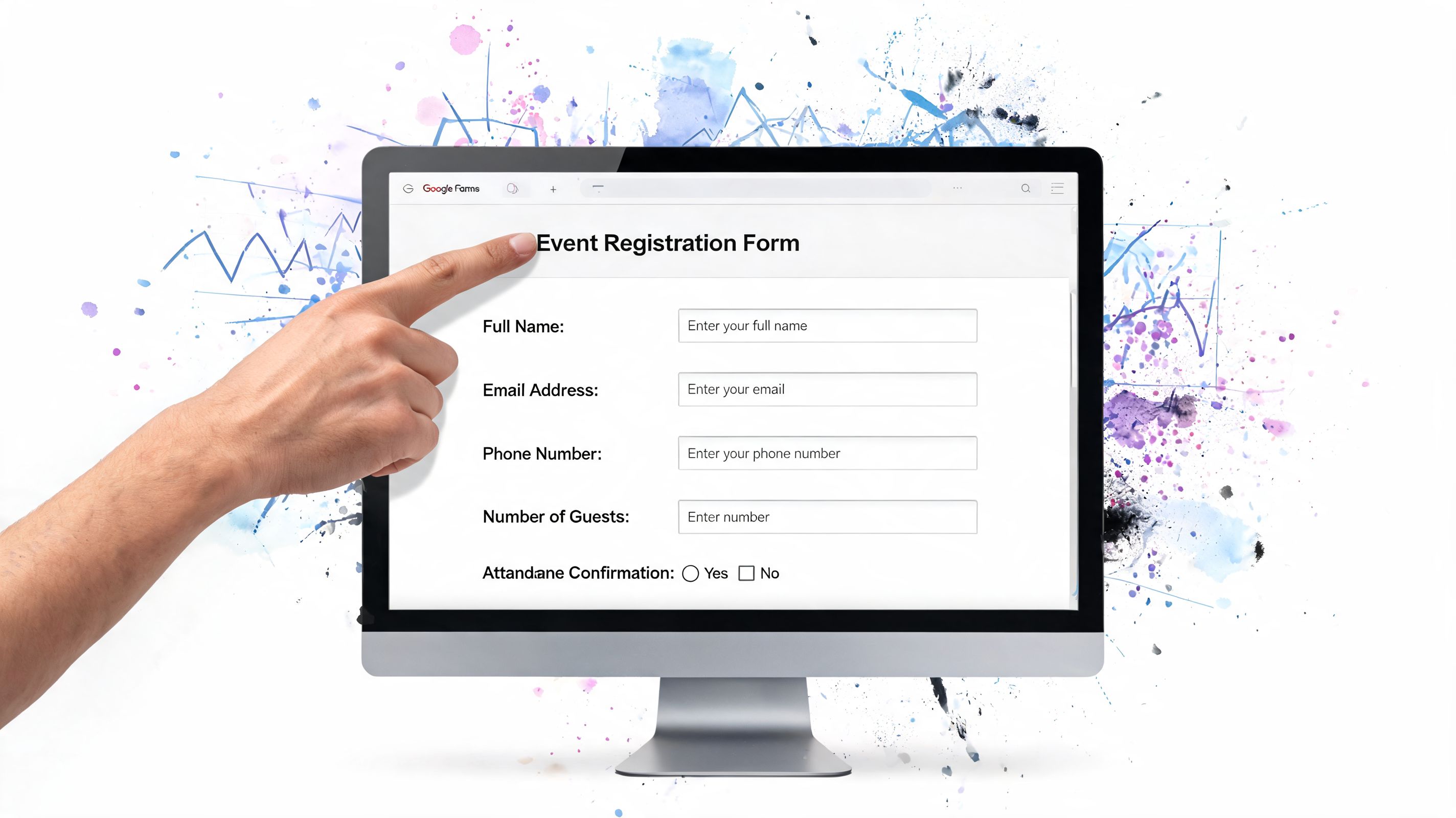 A hand points at a digital event registration form displayed on a desktop computer screen.