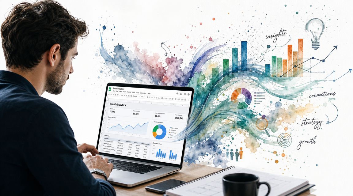 A professional analyzing event analytics data on a laptop screen with colorful creative visualizations flowing outward.