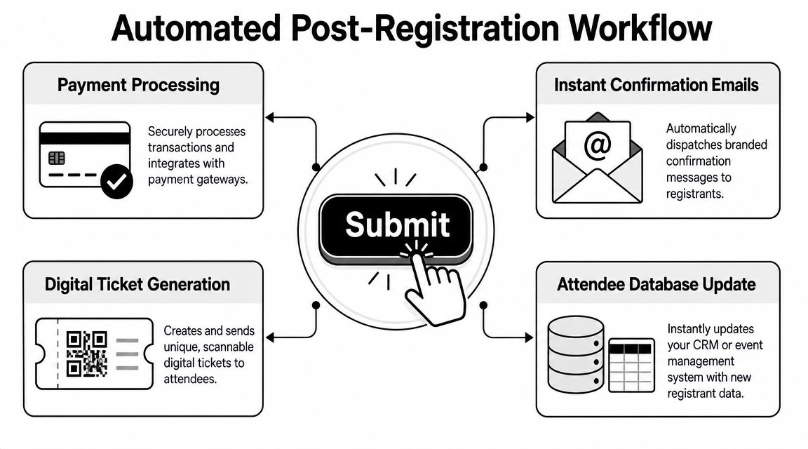 A diagram illustrating an automated post-registration workflow triggered by clicking a submit button for event sign-ups.