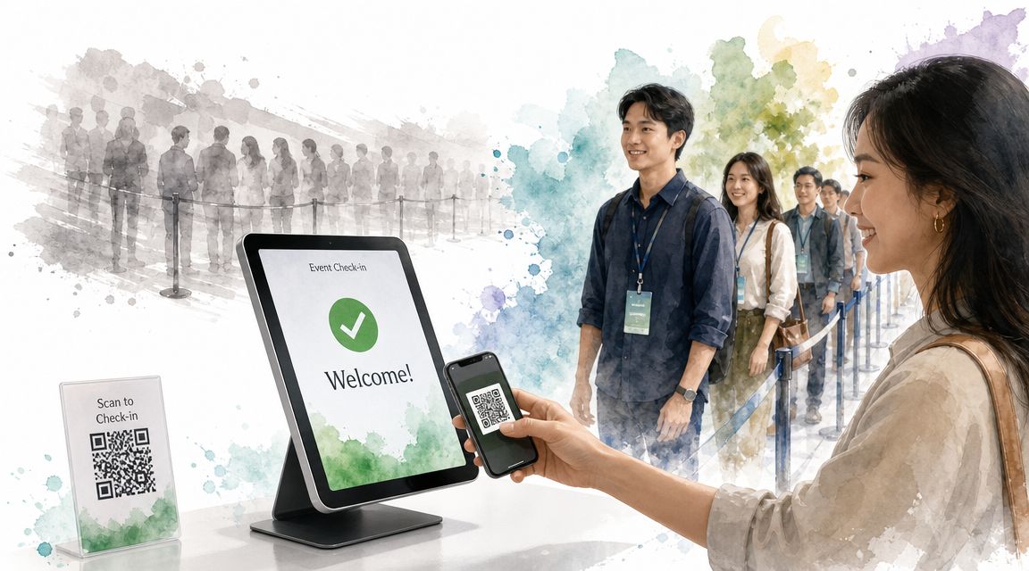 A person scans a mobile QR code at an event registration kiosk with a queue of attendees behind.