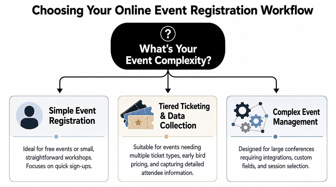 A flowchart titled Choosing Your Online Event Registration Workflow helping users determine their specific event management needs.