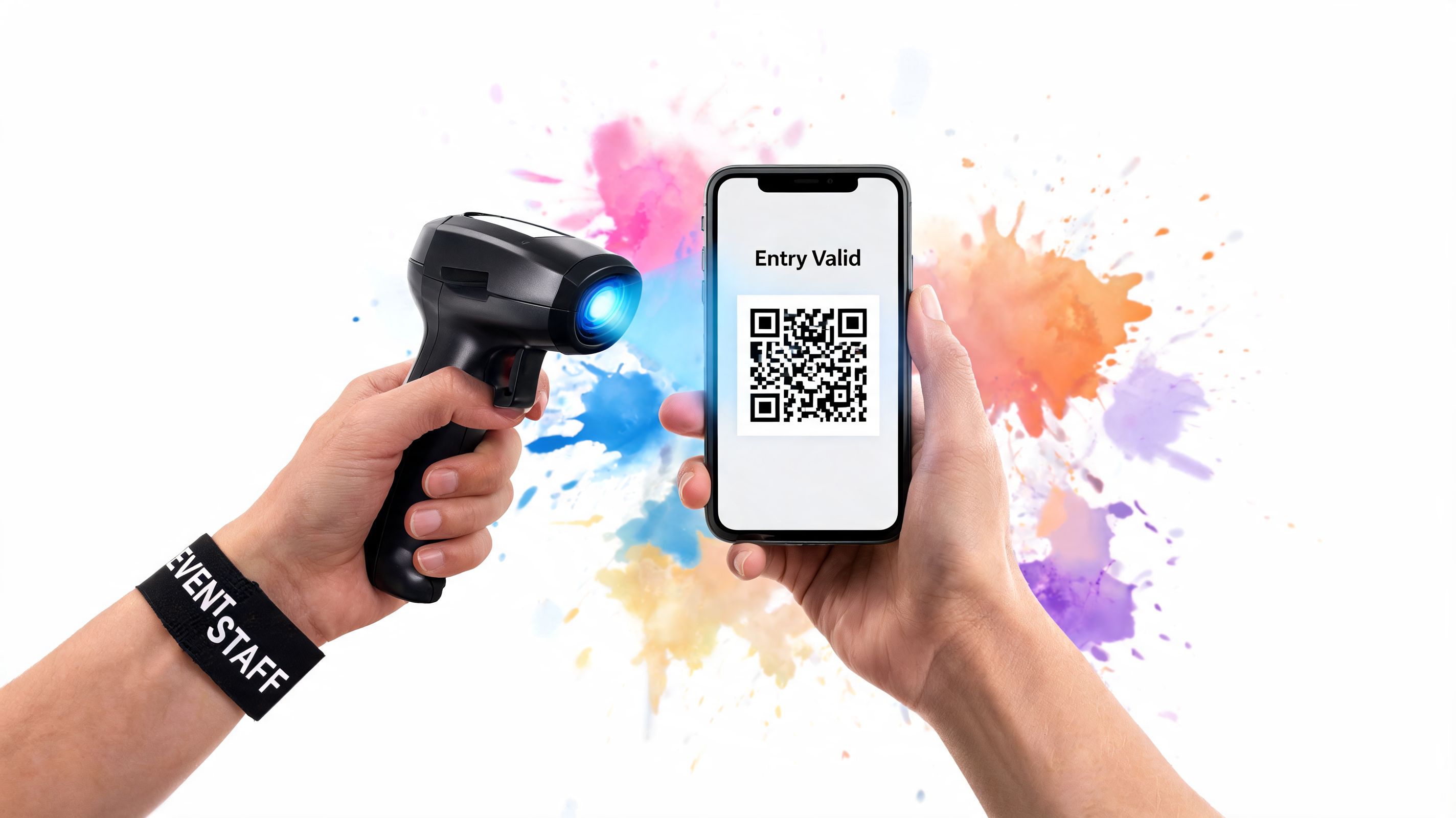 Event staff member scanning a digital QR code on a smartphone to confirm valid entry status.