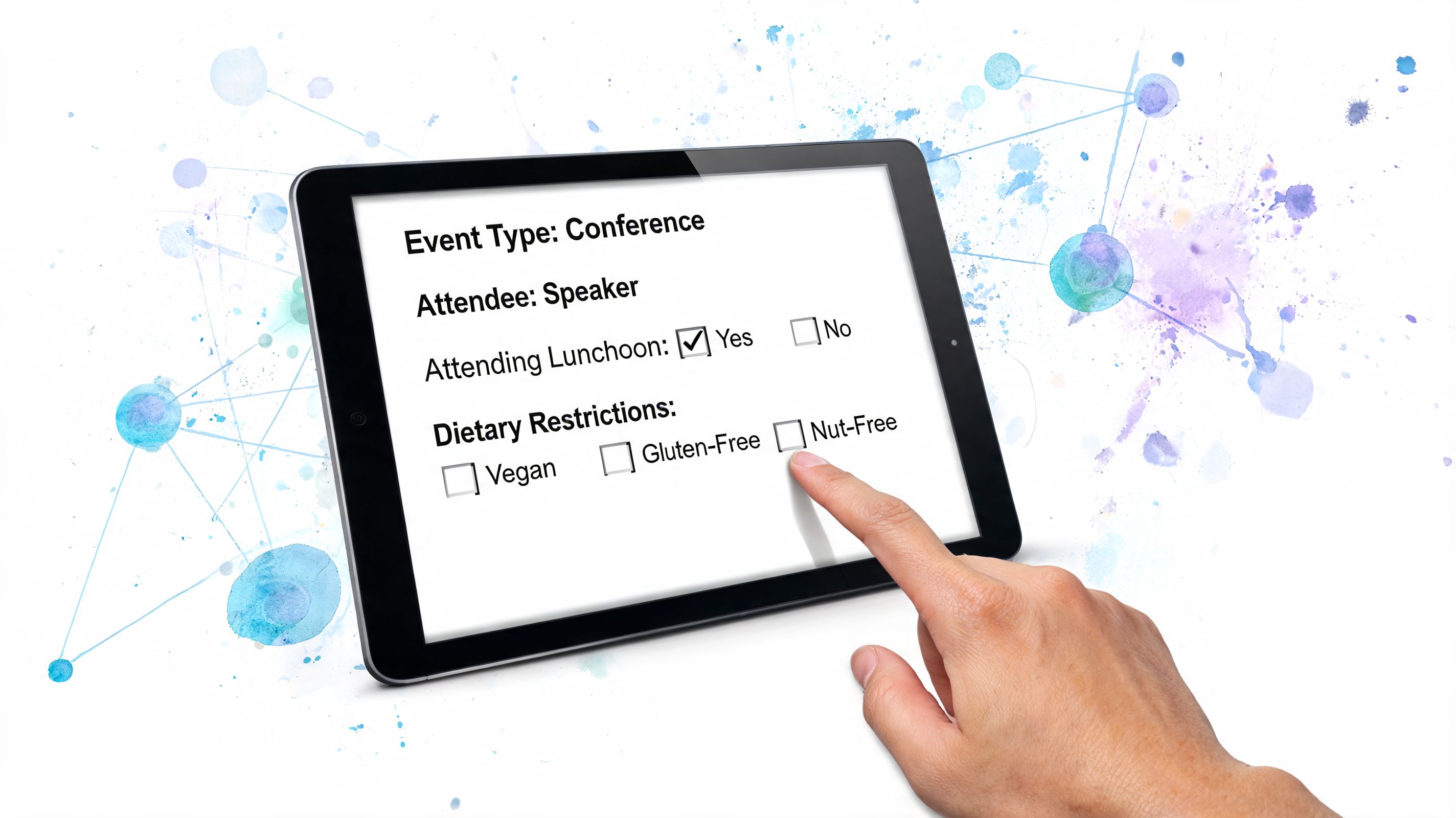 A hand selecting a nut-free dietary option on a tablet screen for an event registration form.